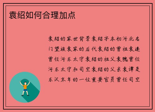 袁绍如何合理加点